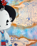 Colorful artwork of a cartoon character in traditional Japanese attire but modern sneakers, standing in a Dodger's jersey with a skateboard on a very busy background. Close up.