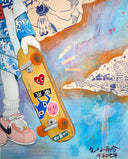 Colorful artwork of a cartoon character in traditional Japanese attire but modern sneakers, standing in a Dodger's jersey with a skateboard on a very busy background. Close up.