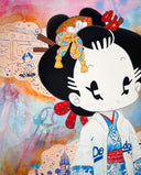 Colorful artwork of a cartoon character in traditional Japanese attire but modern sneakers, standing in a Dodger's jersey with a skateboard on a very busy background.
