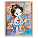 Colorful artwork of a cartoon character in traditional Japanese attire but modern sneakers, standing in a Dodger's jersey with a skateboard on a very busy background.