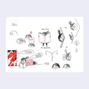 Series of many doodles on a page of a girl reading a book.