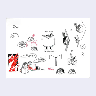 Series of many doodles on a page of a girl reading a book.
