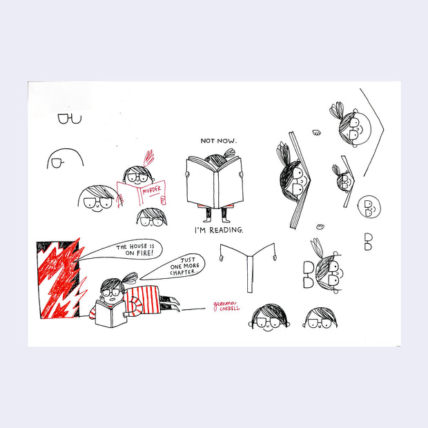 Series of many doodles on a page of a girl reading a book.