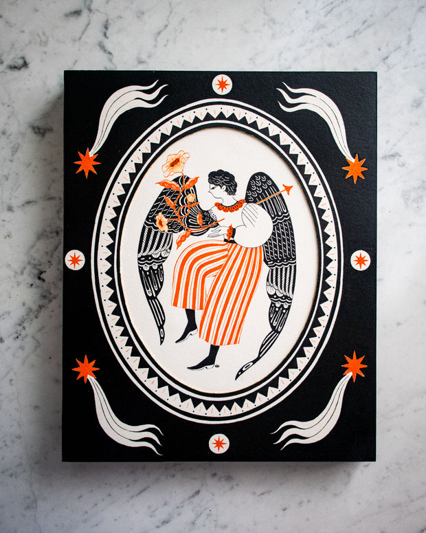 Black ink illustration with subtle orange color accents of a person with large angel or bird wings, positioned in the middle of a white oval. They have an arrow going through their chest, which grows flowers out the other side. Piece is framed by a black border with white and orange star like patterns.