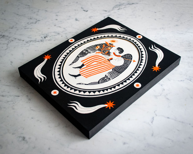 Black ink illustration with subtle orange color accents of a person with large angel or bird wings, positioned in the middle of a white oval. They have an arrow going through their chest, which grows flowers out the other side. Piece is framed by a black border with white and orange star like patterns.