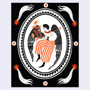 Black ink illustration with subtle orange color accents of a person with large angel or bird wings, positioned in the middle of a white oval. They have an arrow going through their chest, which grows flowers out the other side. Piece is framed by a black border with white and orange star like patterns.