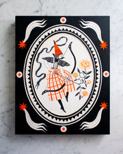 Black ink illustration with subtle orange color accents of a person with large orange pants and a pointed hat, positioned in the middle of a white oval. They hold a large bow with an arrow that has blossoming flowers instead of a tip. Piece is framed by a black border with white and orange star like patterns.