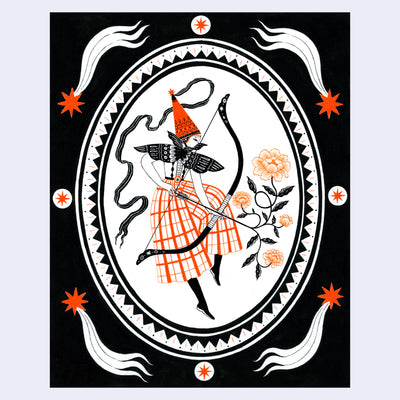 Black ink illustration with subtle orange color accents of a person with large orange pants and a pointed hat, positioned in the middle of a white oval. They hold a large bow with an arrow that has blossoming flowers instead of a tip. Piece is framed by a black border with white and orange star like patterns.
