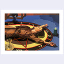 Painting of a film still of a woman laying down on a circular dart board of sorts with symbols written all around it. Candles are lit around her.