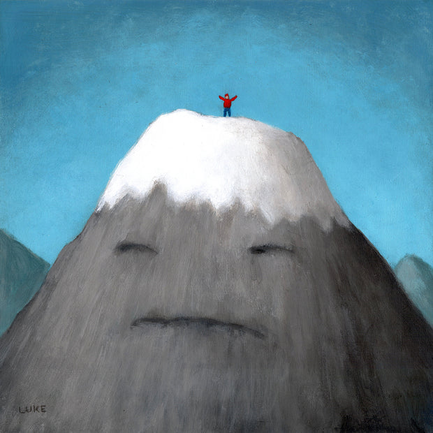 Painting of a small man standing on a large snow capped mountain, with his arms extended out in triumph. The mountain has a simple grumpy face.
