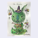 Color pencil sketch of a cute green goblin, sitting on the ground and holding a cup of coffee.