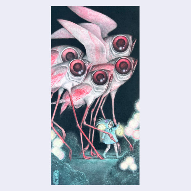 Illustration on tall rectangular paper of a little girl wearing a blue hooded cloak, walking in the dark with a bright lantern. Towering above her are many pink winged fish, with legs akin to flamingos. Their eyes are also pink and shine in the reflection.