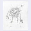 Pencil drawing of a quirky character with a light purple border