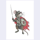 A whimsical illustration of a small mouse dressed as a knight, holding a sword and button for a shield with a red tattered cape, centered on a white background with a light gray border.