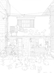 Graphite illustration of a 2 store building, with Kanji written on the side. Many small, cute rabbits are all over the street in front of the house.