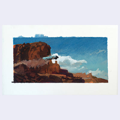 Painting based on a film still from Thelma & Louise of a car driving off of a cliff