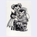 Softly rendered greyscale illustration of 3 cartoon characters gathered around a table with one tattooing another.
