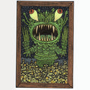 Illustration of a green monster with bulging out eyes, very sharp teeth and leaf-like scales. It yells and stands over a lit up city at night.