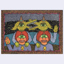 Colorful artwork of two cyclops characters with dog/goat creatures atop their head, looking at one another. They have red hair and ghost sweaters and they are set against a starry night sky.