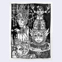 Black and white ink illustration of several human characters, wearing body mechanical costumes, mixed with fantasy wear. One person is in a robotic house suit, another wears a hat made up of many small compartments with pipes running through them.