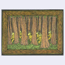 Illustration of a forest setting with many thick trunked trees, their tops out of frame. A group of anthropomorphic woodland animals run through them, all dressed in sweatsuits. Colors are browns, greens and yellows.
