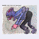 Purple and pink cat like character with a human body, keeling over and pointing down into a vortex made up of geometric lines. Text atop reads "enter the vortex, tonight"