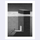 Graphite illustration of a tall building, underwater mostly with only one door and a set of wide steps leading up to it. A small figure stands at the top of the steps.