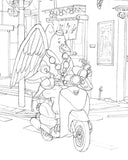 Close up detail from graphite illustration, featuring a chicken with angel wings riding a motorcycle. 