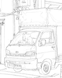 Close up detail of a graphite illustration of a parked truck with an empty front cab.