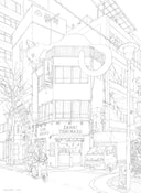 Graphite illustration of a large building in Japan, with a giant cat resting on the roof of the building.