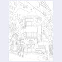 Graphite illustration of a large building in Japan, with a giant cat resting on the roof of the building.