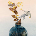 Illustration of a flower vase with a person falling off of its flower stem.