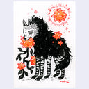 A stylized illustration featuring a black and white wolf-like creature surrounded by orange flowers on a white background, with red signature and decorative marks.