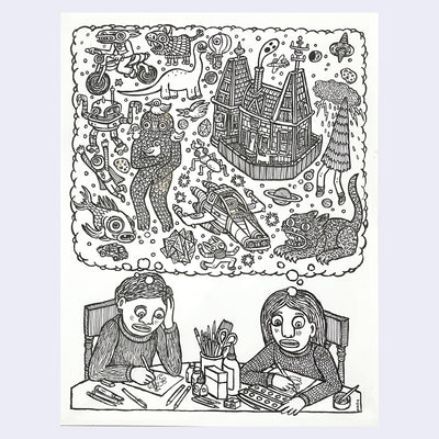 Ink sketch of 2 kids sitting at a table and drawing. Together, a large thought bubble floats up from their heads with lots of monster themed doodles.