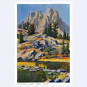 A landscape painting depicting Thousand Island Lakes, featuring a mountain, rocky hills, evergreen trees, and a stream in a painterly style.