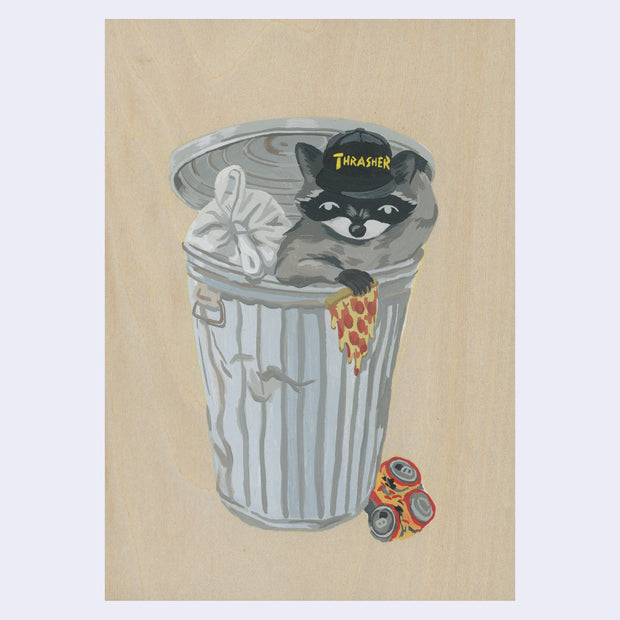 Painting on exposed wood of a raccoon inside of a trash can. It wears a Thrasher brand hat and holds a slice of pepperoni pizza. Crushed cans sit near the floor.