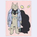 Painting of three cartoon cats stacked atop one another wearing a large purple trench coat. Behind them is a black smoke cloud on a pink background.