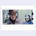 Illustration of a man in a hat and glasses with a police officer in the background