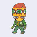 llustration made with many lines, giving it the feel of a folk art woodcut on a die cut wood panel of a orange 3-eyed character with knit sweater and pants. It has a smile with 2 mouths and 2 noses.