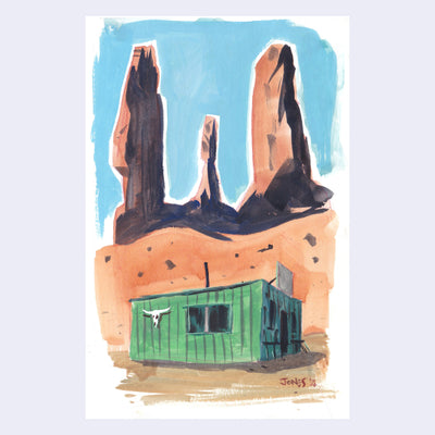 Plein air painting of a small green bungalow in the desert against a brown mountain range with 3 large rock formations behind.