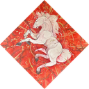 White horse illustration on a red and gold abstract background
