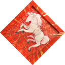 White horse illustration on a red and gold abstract background