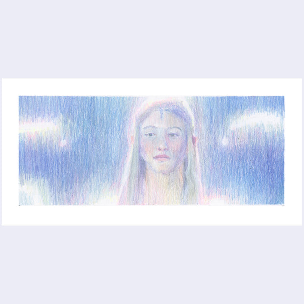 Colored pencil illustration based on a film still from Lord of the Rings of a woman with long blonde hair.