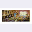 Painting based on a film still from Matilda of a young girl jumping up on a coffee table with playing cards flying all around her.