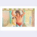 Colored pencil illustration of a film still from Nacho Libre with a topless wrester standing in a doorway.