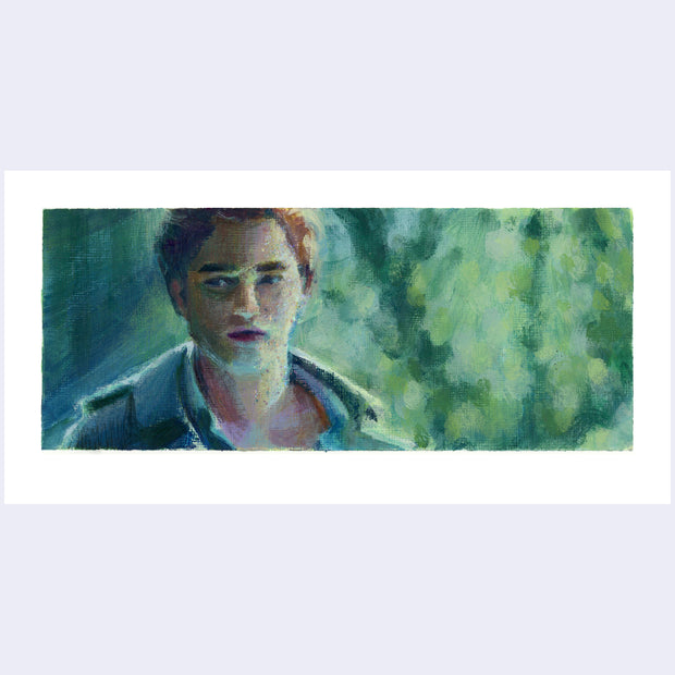 Painting based on a film still from Twilight of Edward standing in a lit green forest, looking off to the side.