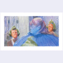 Painting based on a film still from Willy Wonka and the Chocolate Factory of Violet blown up to the size of a blueberry, surrounded by oompa loompas.