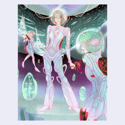 Risograph print with mint green, pink and purples. 3 women stand in metal futuristic space gear, form fitting. They hold laser guns and stand in varying proximity to the viewer.