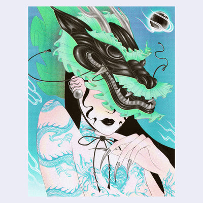 Primarily blue and green risograph print of a woman with blue ink tattoos wearing a large black dragon mask atop her head, obscuring most of her face. She has long nails and touches her chin with one finger.