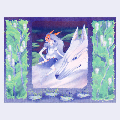 Risograph print in primarily deep purplish blues and greens. Princess Mononoke, a warrior princess sits atop of a large white growling wolf. They are framed by greenery.